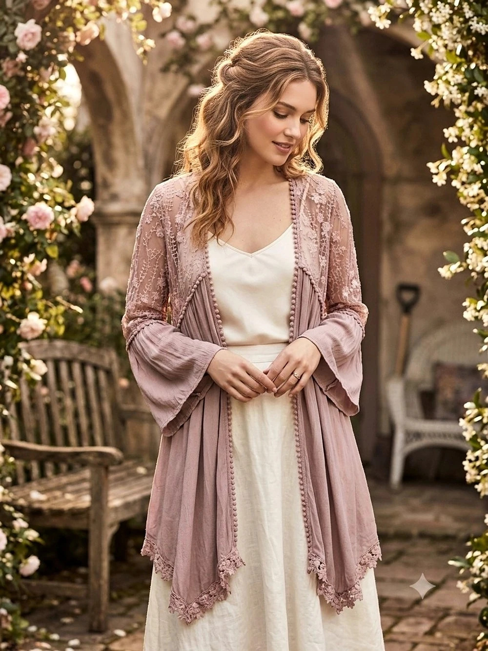 POL Lace Duster Cardigan in Pink. Size Large